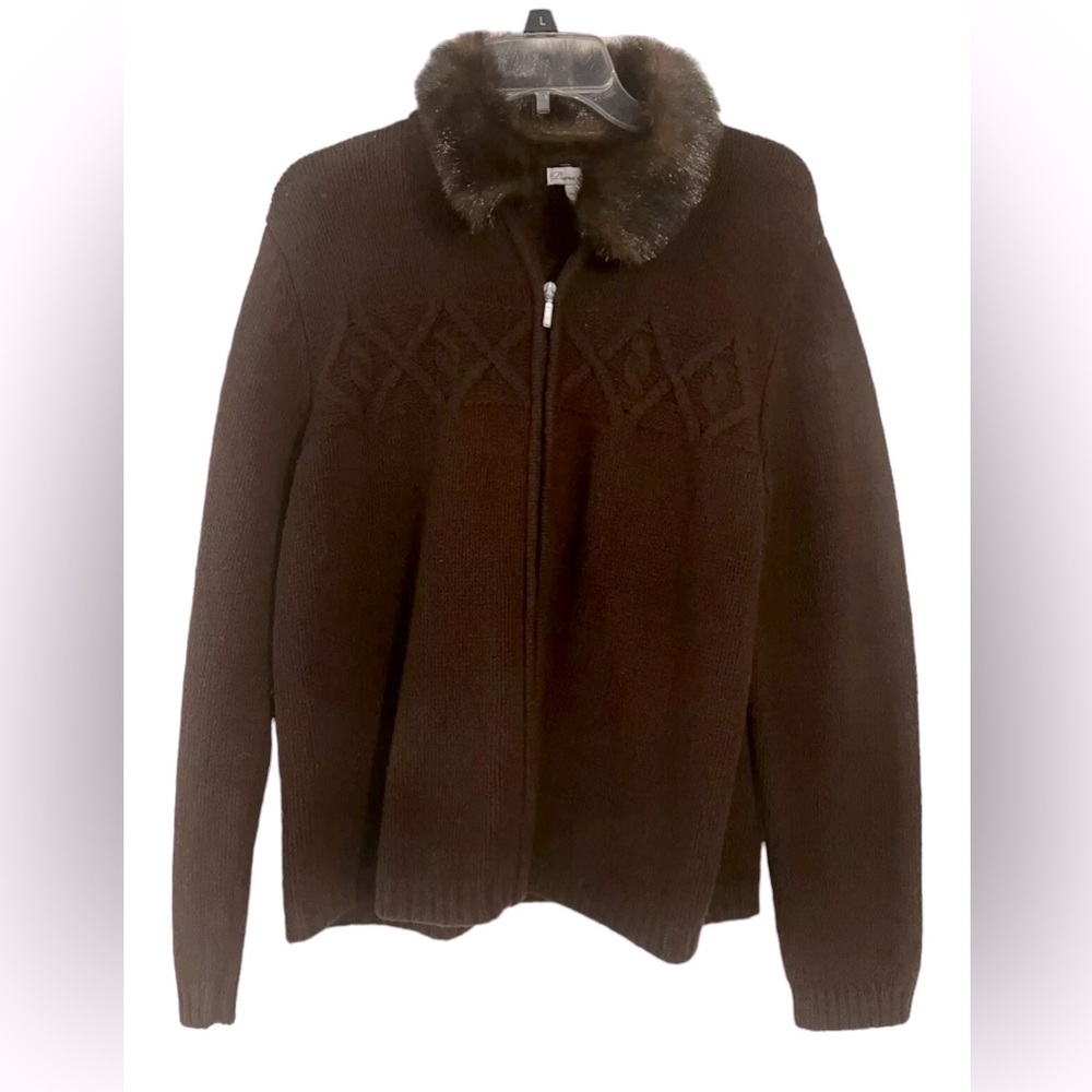 VTG Deane & White Women’s  Brown 100% Lambs Wool Zip Cardigan Sweater Faux Fur
